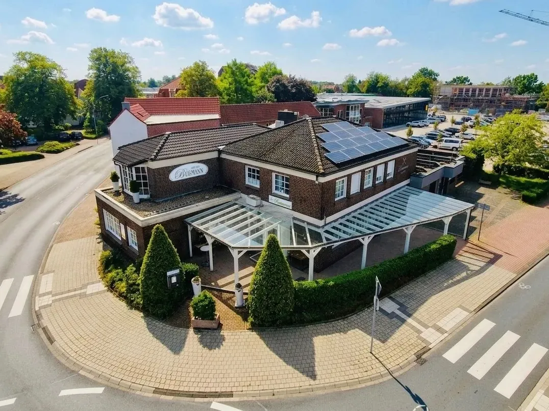 Aerial view of Gasthaus Bußmann in Vreden with conservatory and terrace