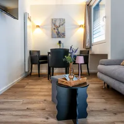 Wohnbereich mit Sofa und Esstisch in Apartment 1