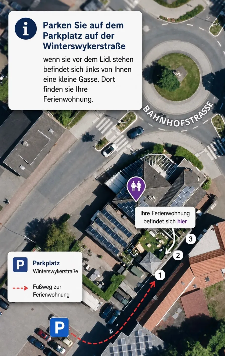 Luftbild von Vreden mit dem Parkplatz an der Winterswyker Straße, dem Fußweg und der Lage der Ferienwohnung