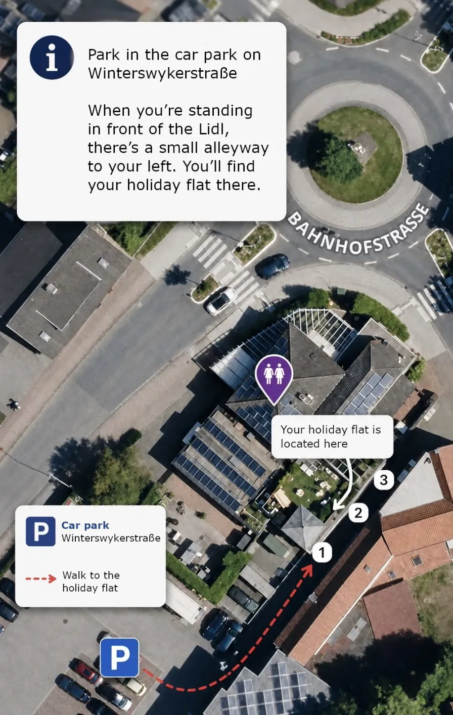Aerial view of Vreden showing the car park on Winterswyker Straße, the walking route and where the holiday flat is