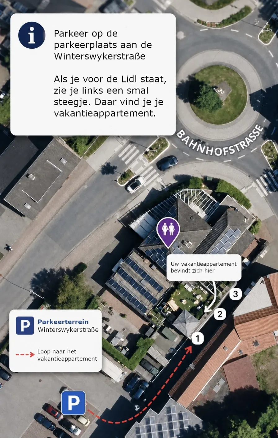 Luchtfoto van Vreden met de parkeerplaats aan de Winterswyker Straße, de looproute en de ligging van het vakantieappartement